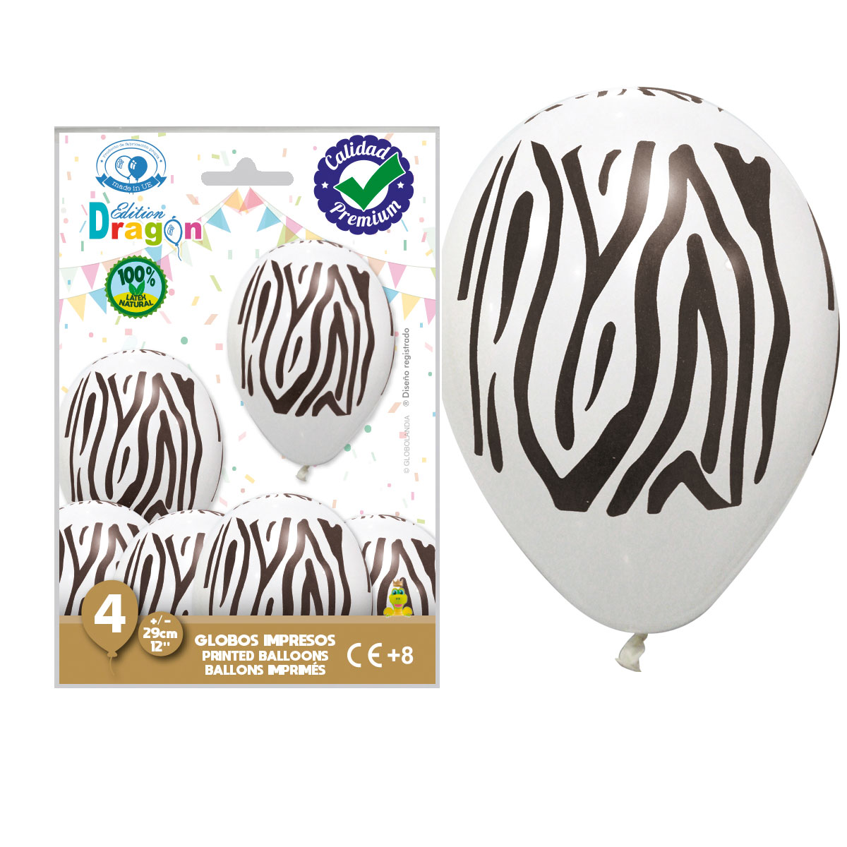 Bolsa 4 globos impresos cebra 12" blanco - Edition Dragon