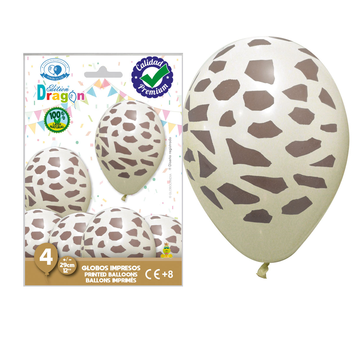 Bolsa 4 globos impresos jirafa 12" marfil pastel