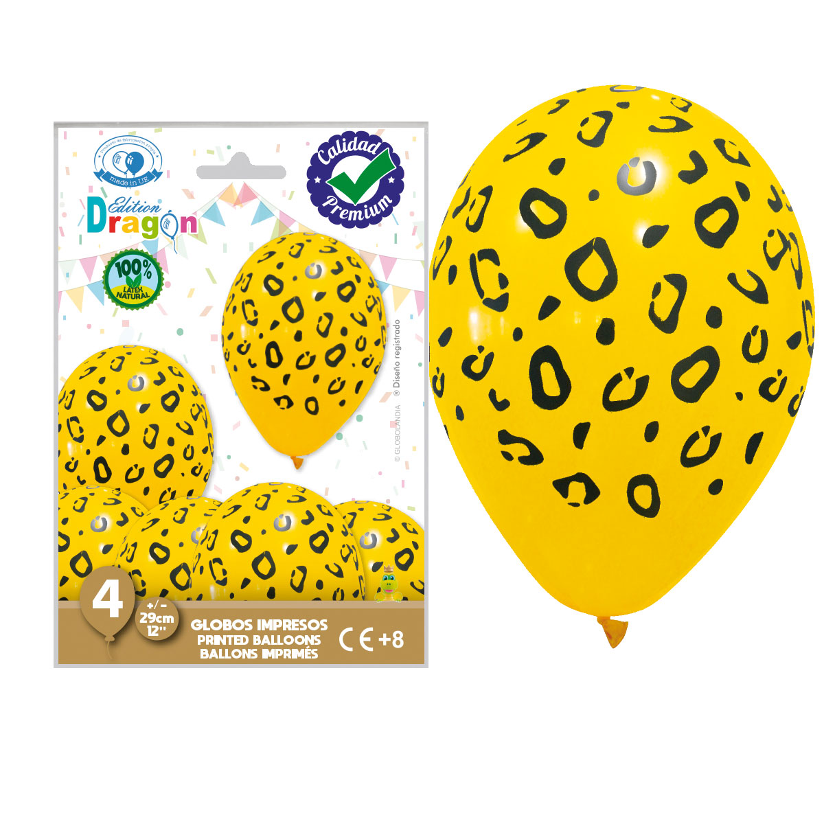 Globos impresos leopardo amarillo 12" Edition Dragon – bolsa de 4