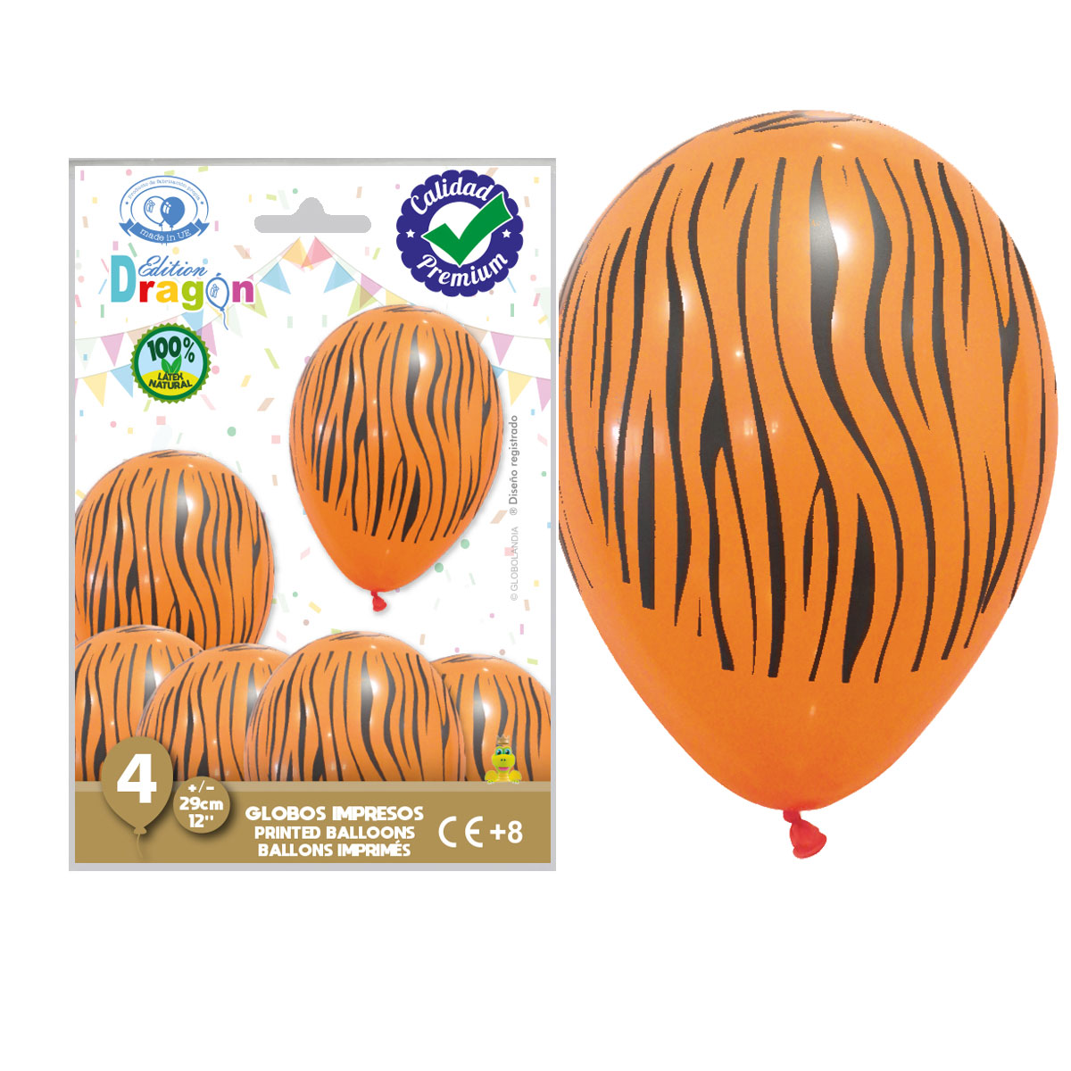 Globos impresos Tigre Edition Dragon 29 cm naranja, bolsa de 4