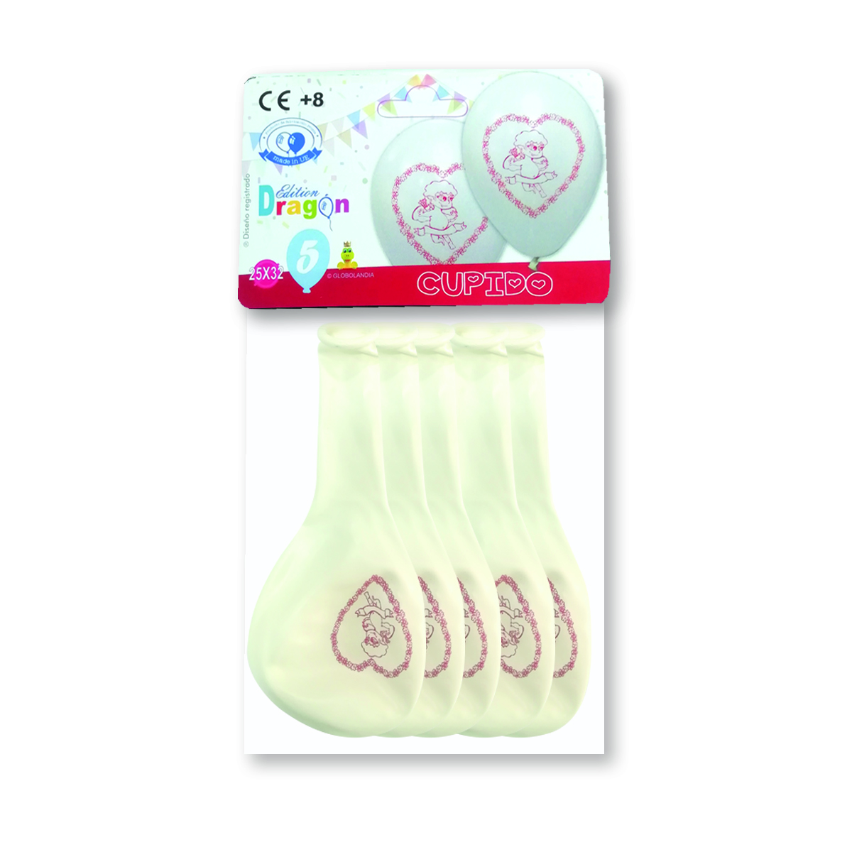 Globo látex 11" pastel blanco impreso Cupido, bolsa de 5