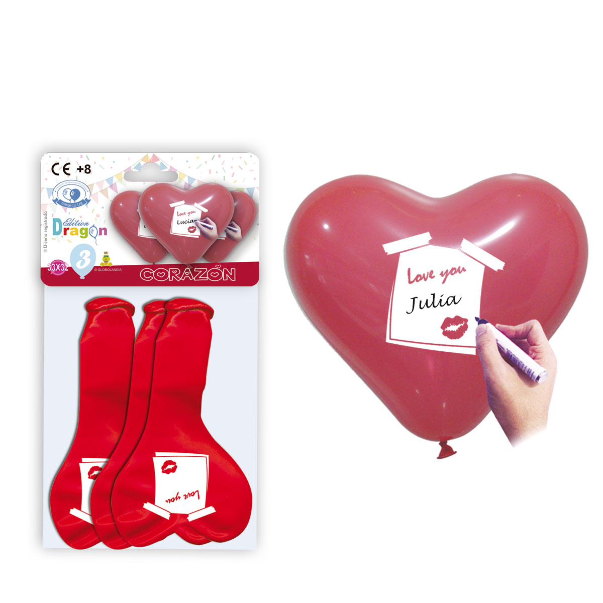 Globos corazón rojos impresos «Love You» 33x32 cm – bolsa de 3