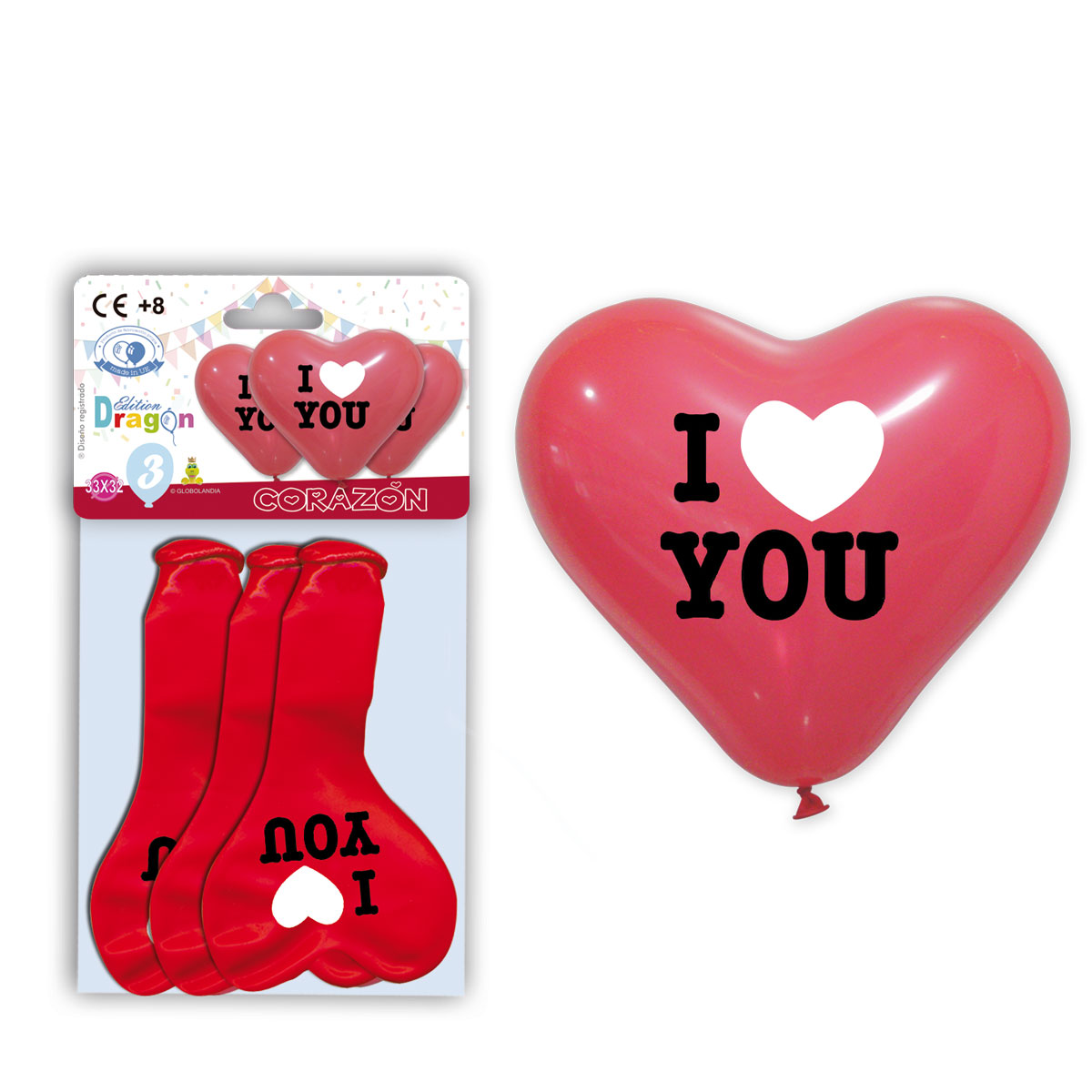 Bolsa 3 globos corazón "I Love You" rojo 33x32 cm