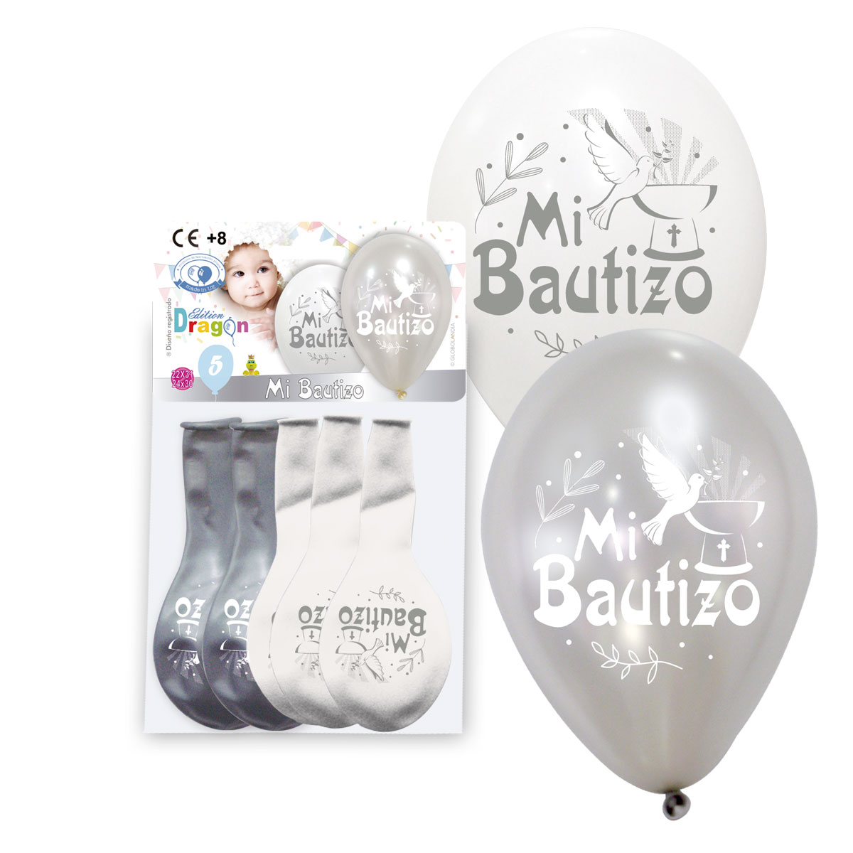 Globos Mi Bautizo Blanco y Plata - Solapa de 5