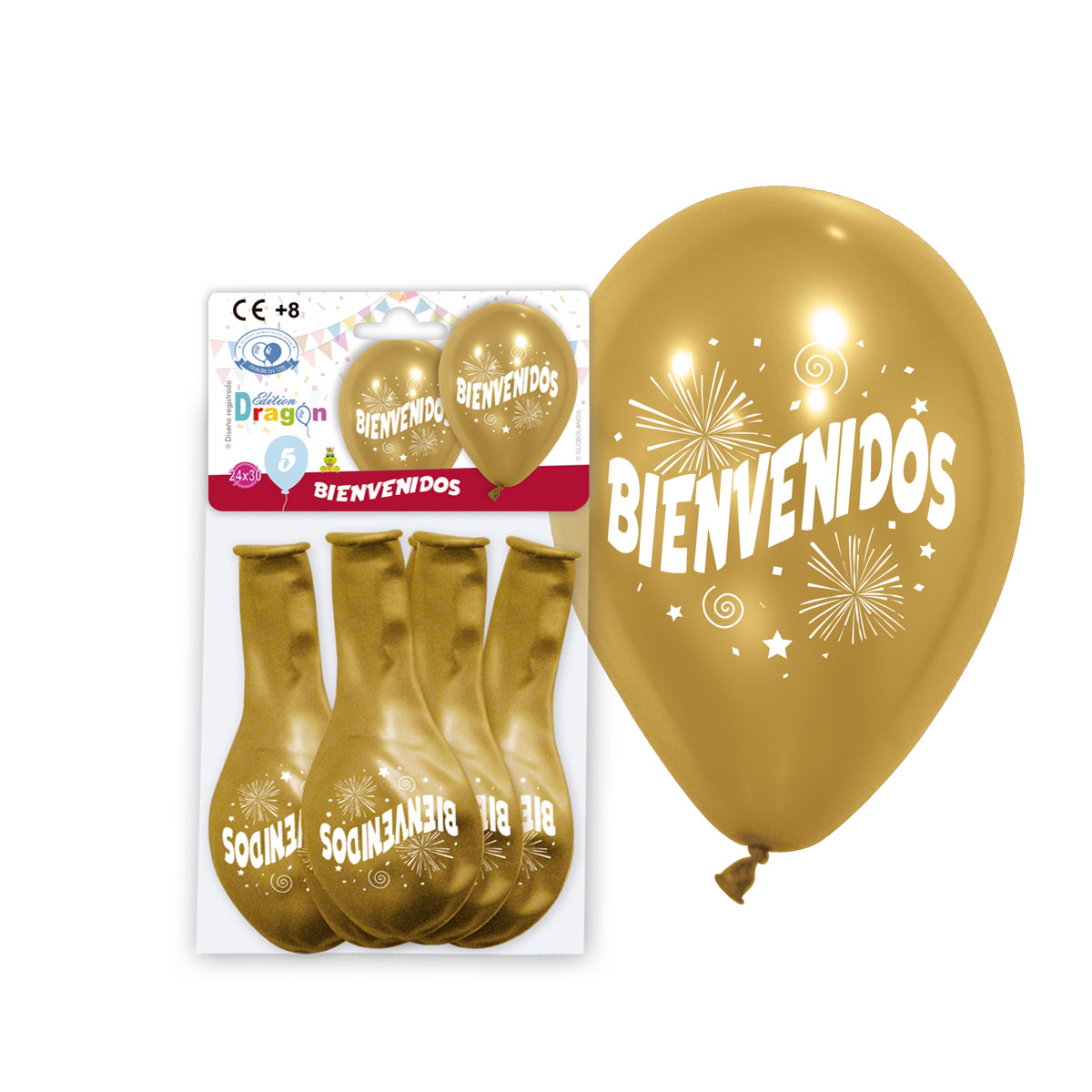 Globos impresos "Bienvenidos" oro metalizado - Bolsa 5 uds. 24x30