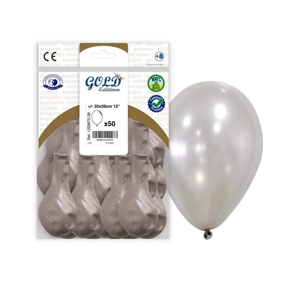 Globos metalizados plata 30 cm (12") - Bolsa 50 unidades