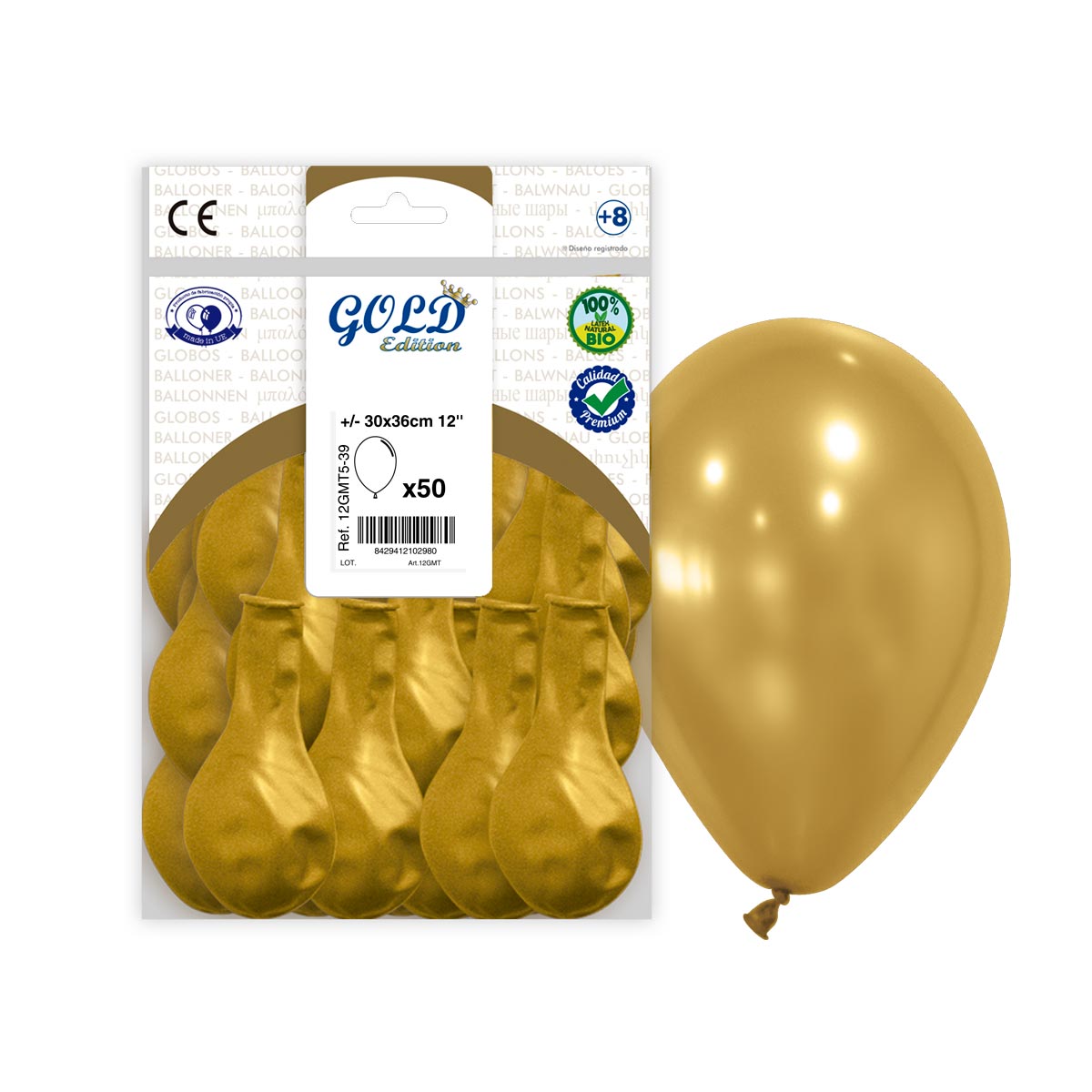 Globo látex metalizado oro 12" (30x36 cm) - Bolsa 50