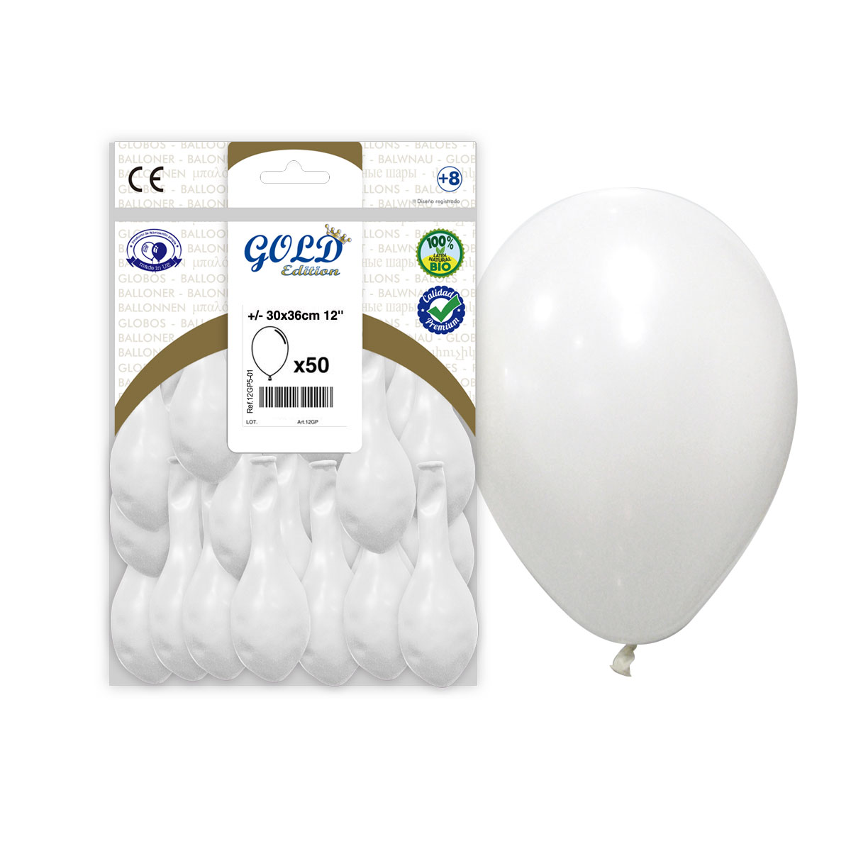 Globo látex 12" blanco liso Gold Edition — Bolsa 50