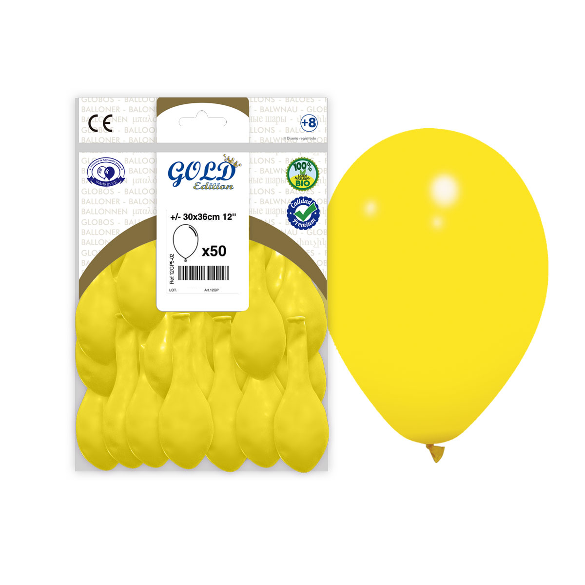 Globo látex amarillo 30 cm (12") Gold Edition - Bolsa 50 uds.
