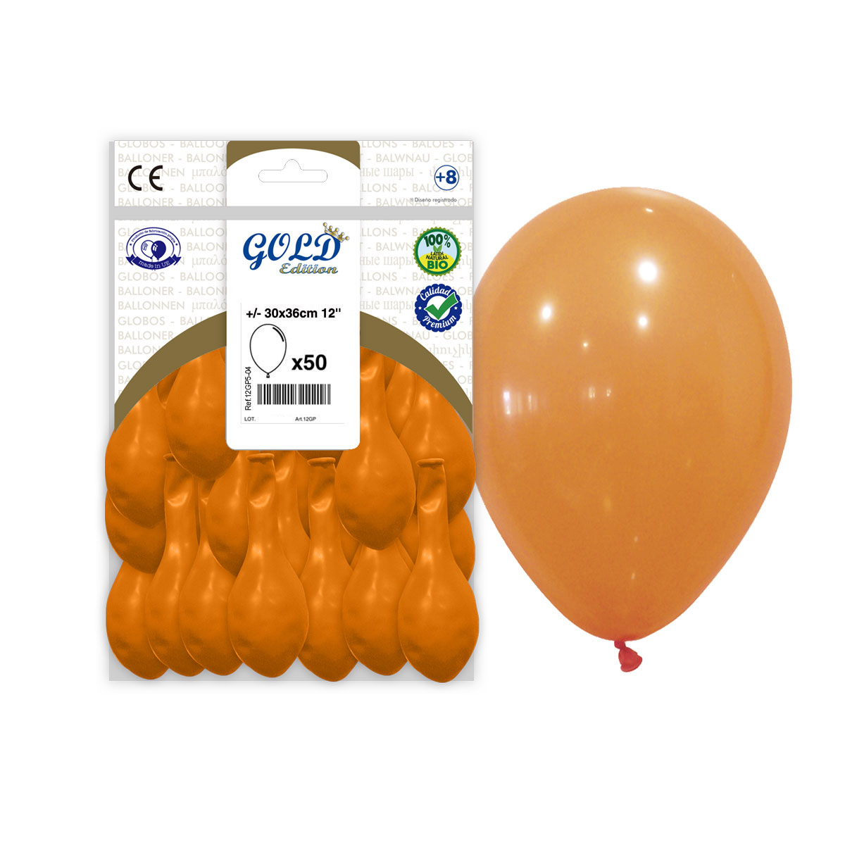 Globos de látex naranja 30 cm Gold Edition – Bolsa 50 unidades