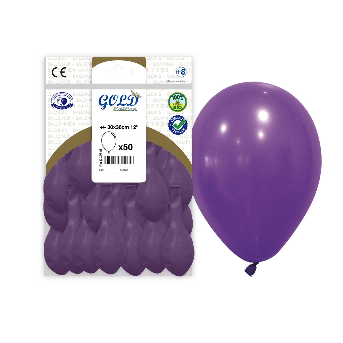 Globos de látex lisos 12" lila Gold Edition - Bolsa 50 uds.