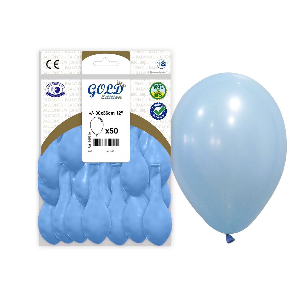 Globos Celeste Pastel 30 cm Gold Edition (Bolsa 50)