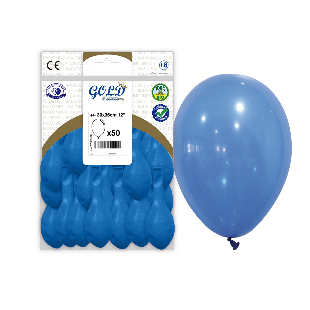 Globo látex 12″ azul Gold Edition, liso redondo – bolsa 50