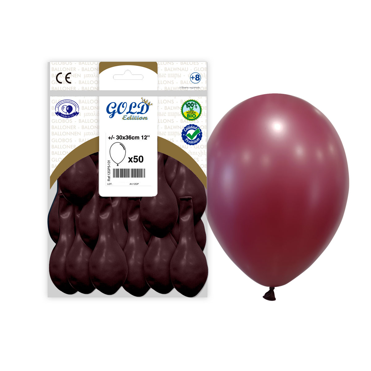 Globos látex 12" metalizados color vino - Bolsa 50 uds. (Gold Edition)