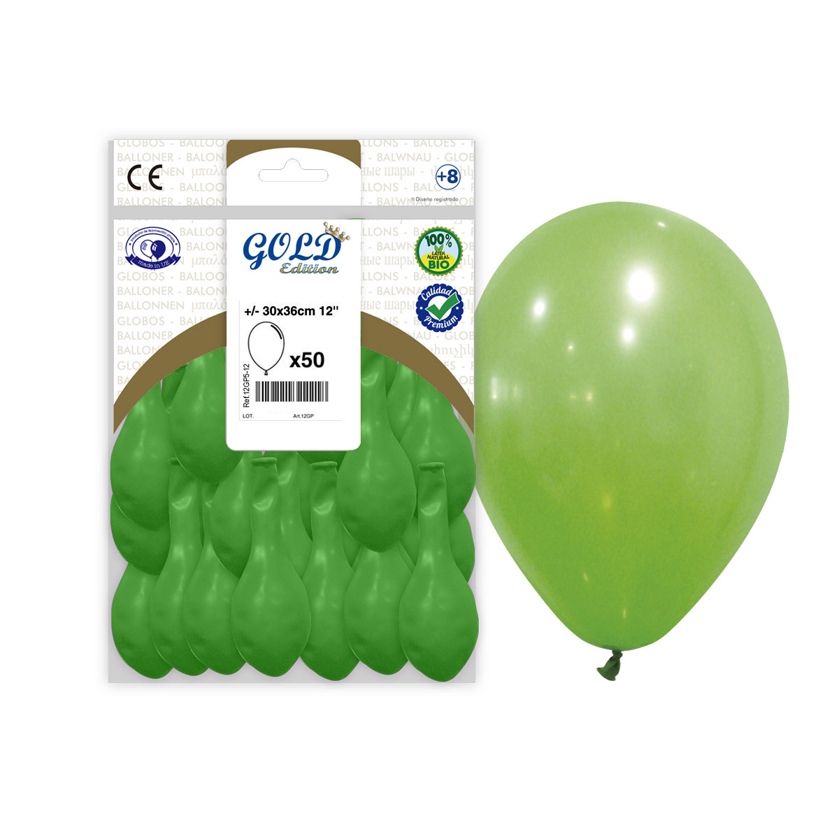 Globo látex verde 12" Gold Edition — Bolsa 50
