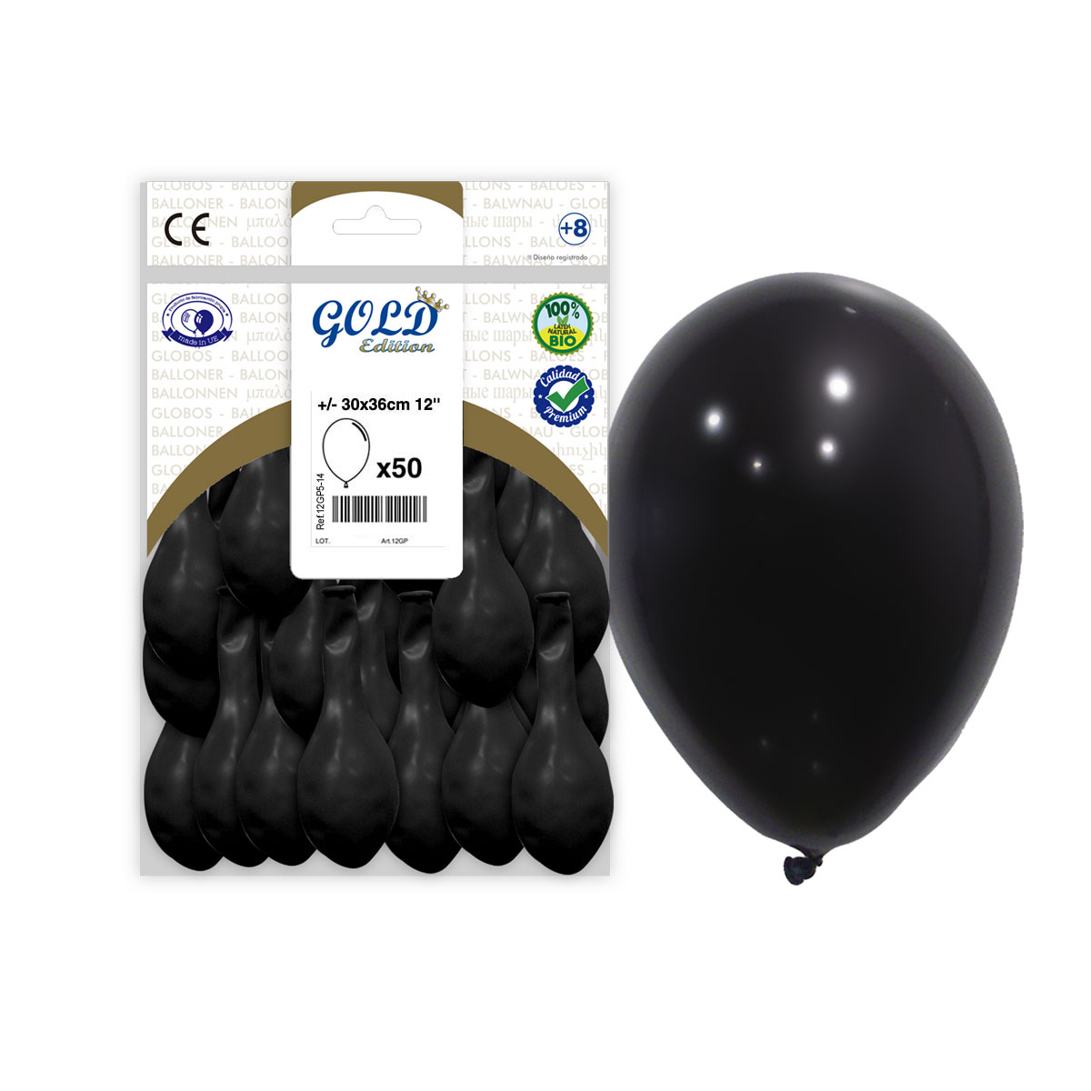 Globos de látex negros 30 cm Gold Edition – Bolsa de 50 unidades