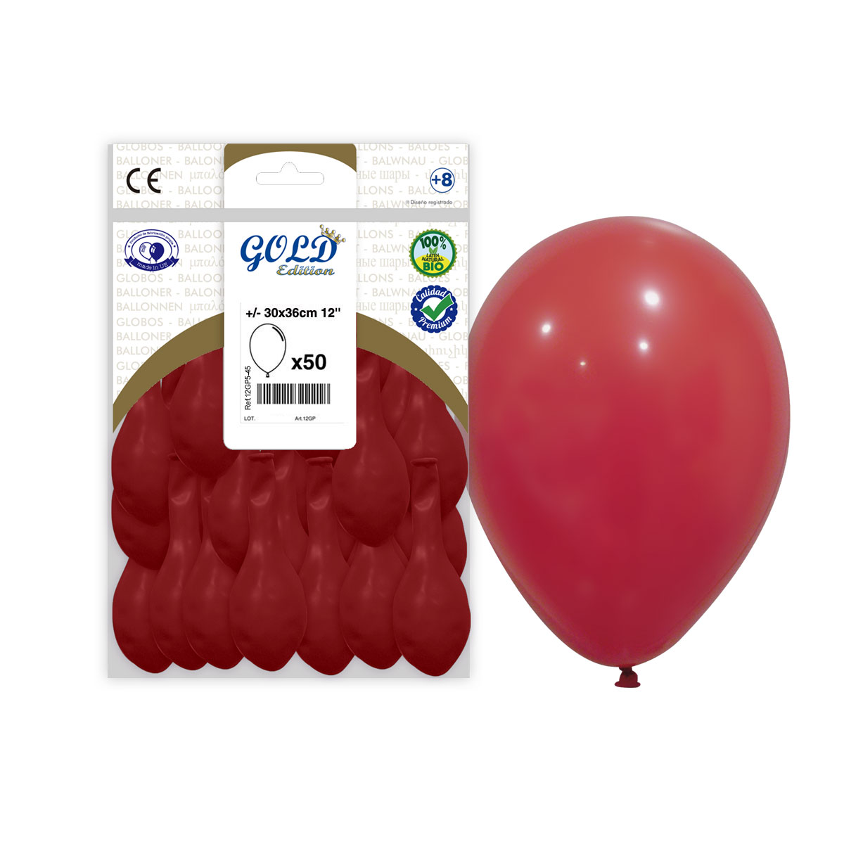 Globo látex 12" Rojo Oscuro Gold Edition - Bolsa 50