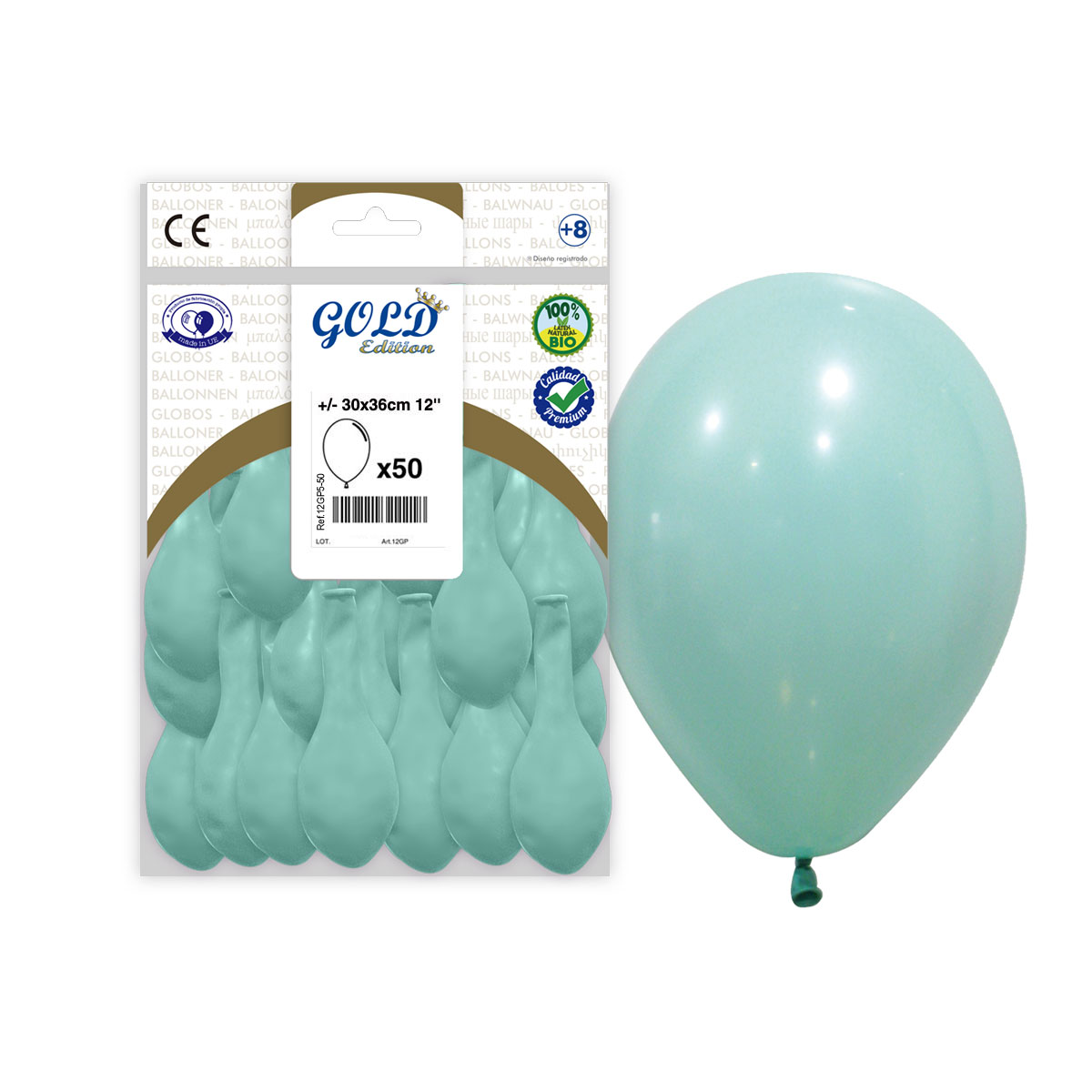 Globos látex Aguamarina 30 cm Gold Edition (bolsa 50)