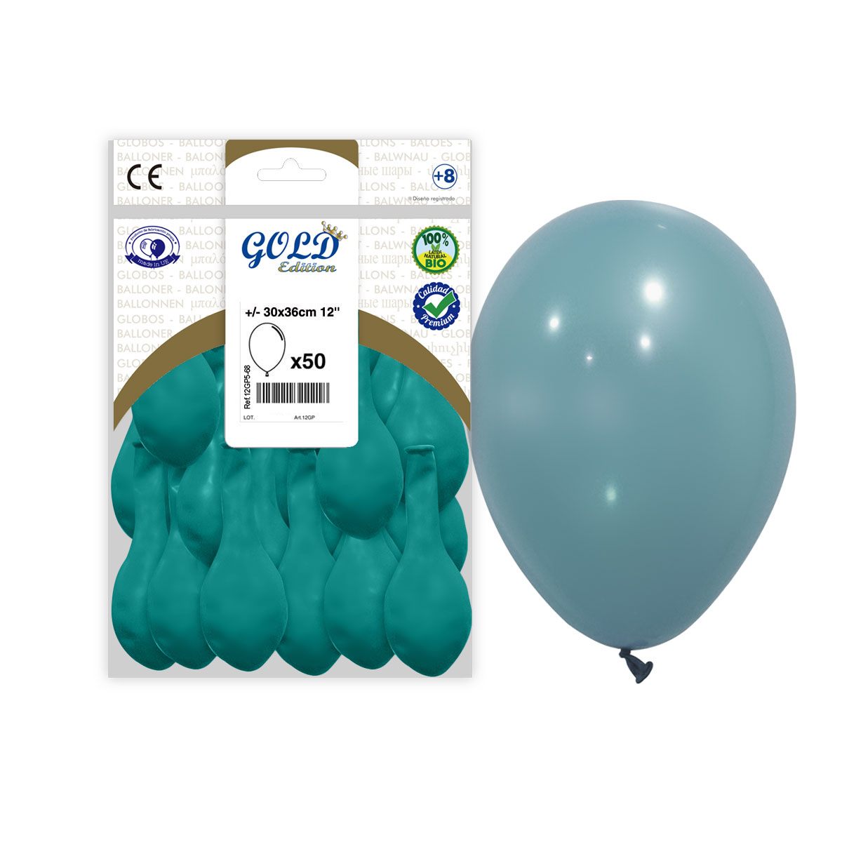 Globo látex 12" turquesa liso Gold Edition – Bolsa 50