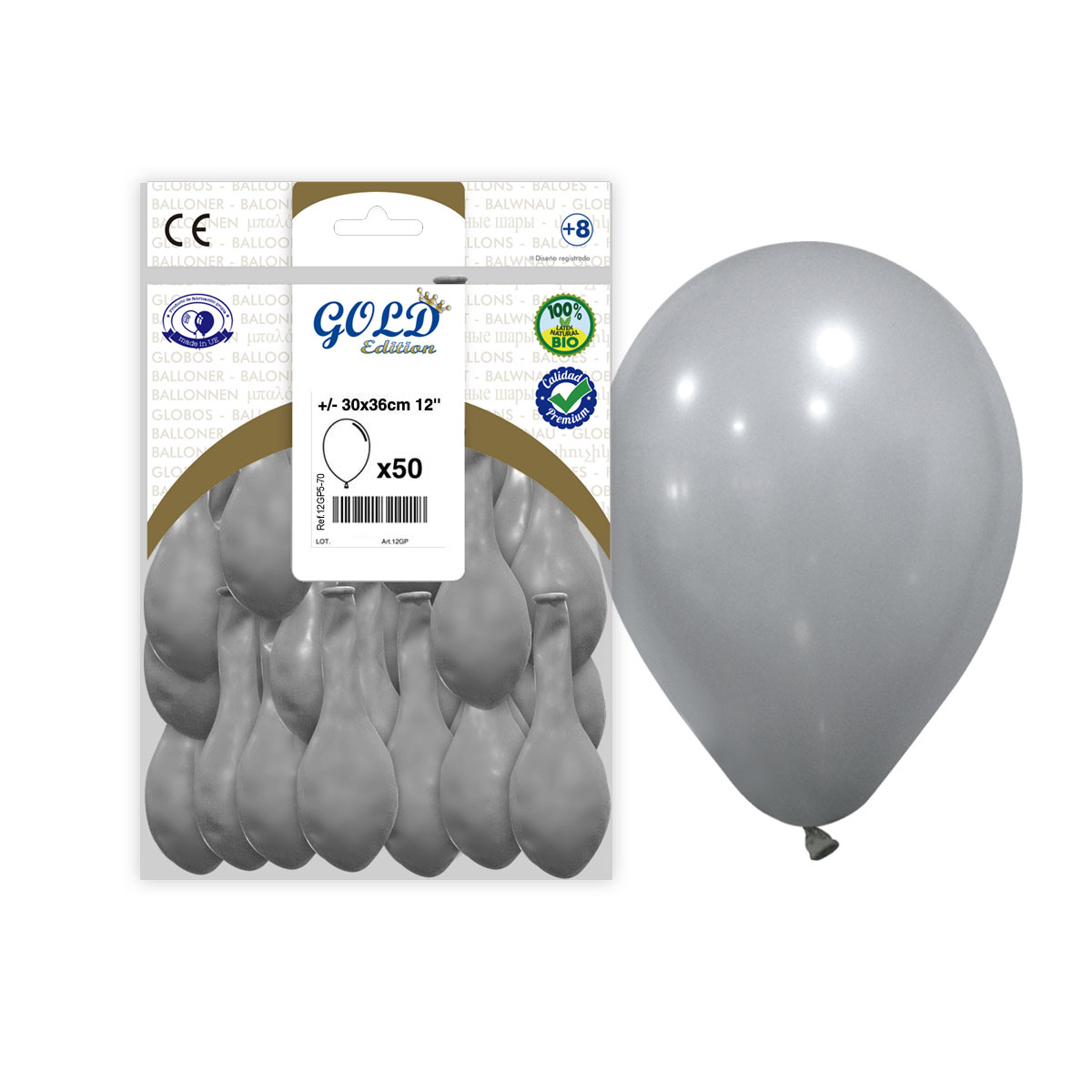 Globos látex gris metalizado 12" (30 cm) Gold Edition – Bolsa 50