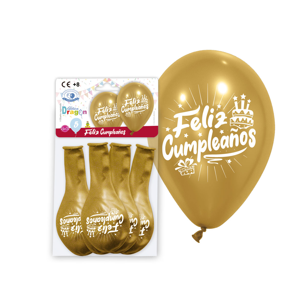 Globos "Feliz Cumpleaños" oro metalizado 24x30 cm - Bolsa de 5