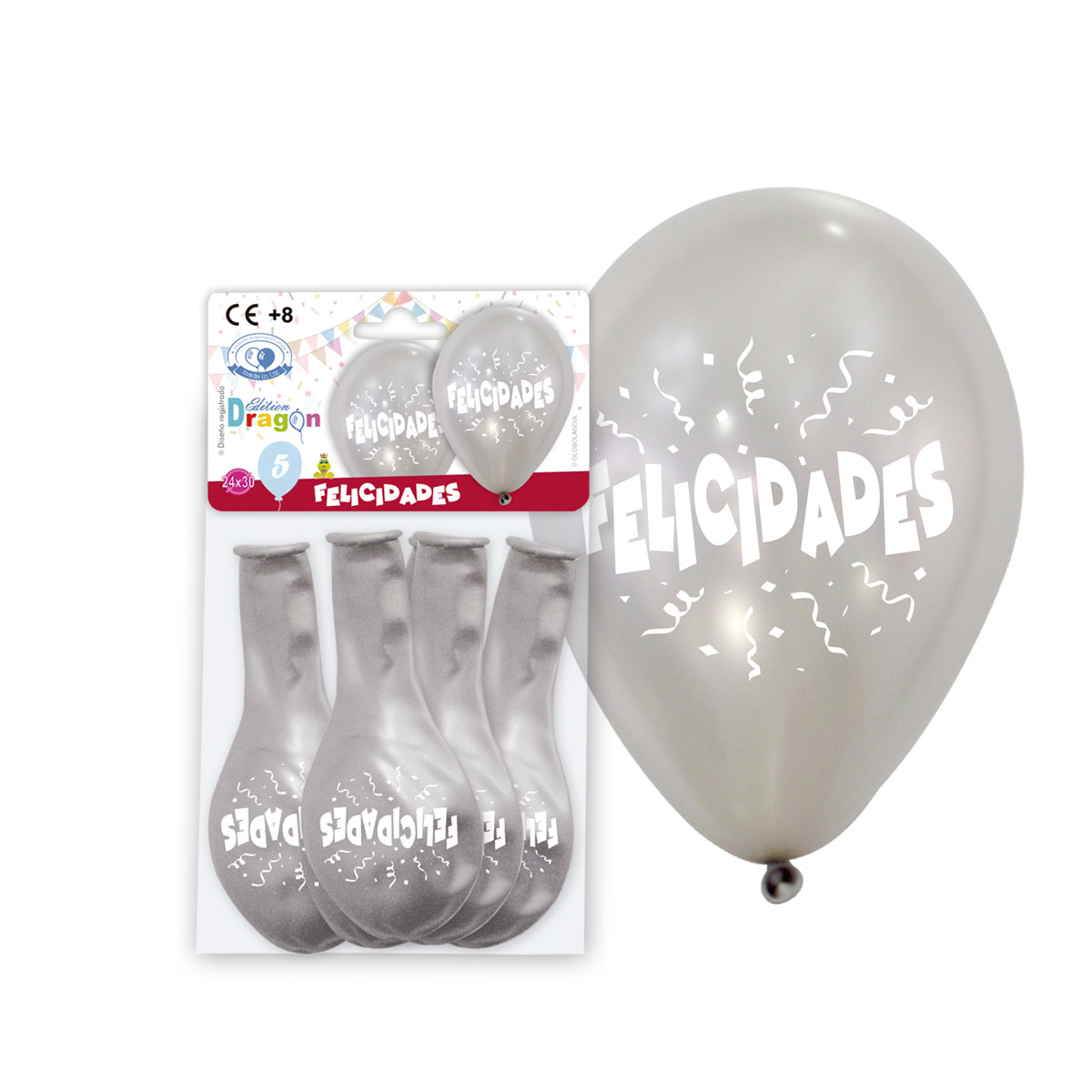 Globos Felicidades plata metalizada, blíster de 5 unidades