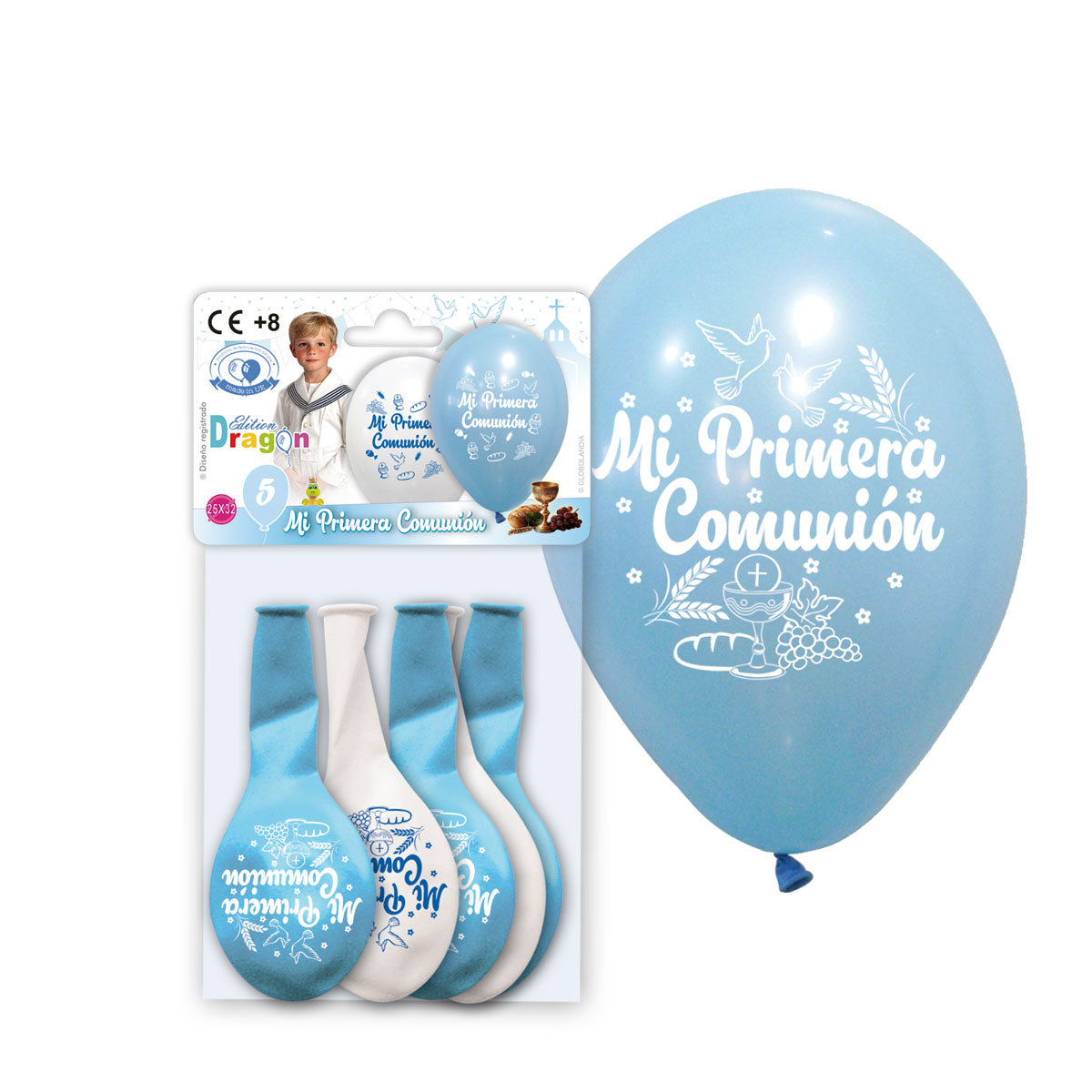 Globos látex "Mi Primera Comunión" celeste y blanco 11" - Blíster 5 uds