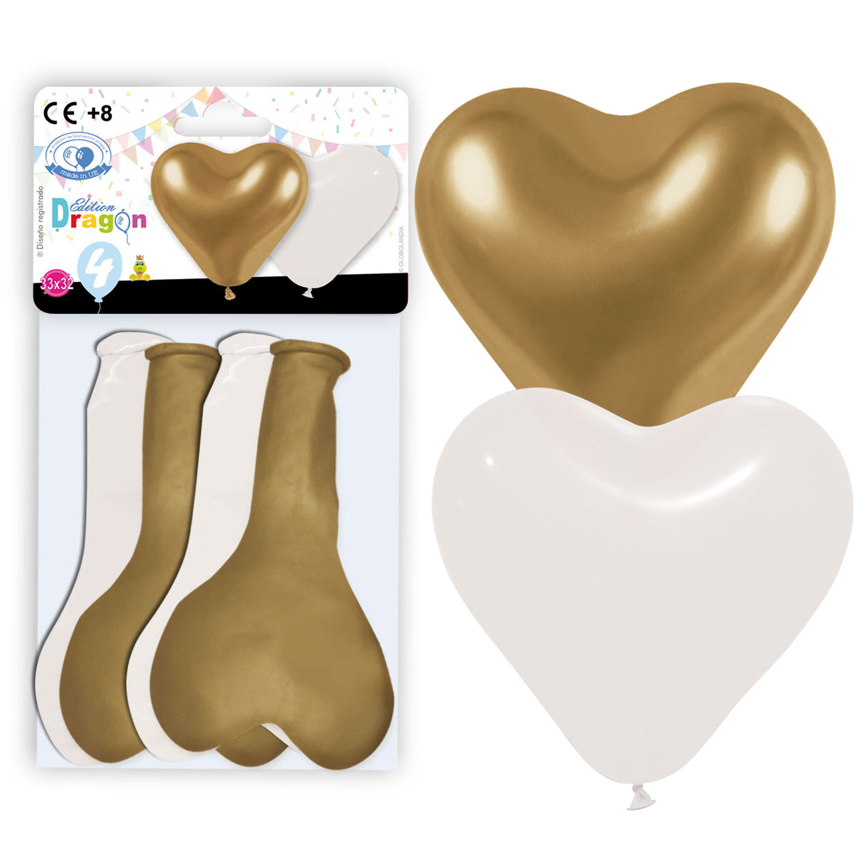 Globos corazón látex blanco y oro cromado 33x32 cm, bolsa 4 unidades
