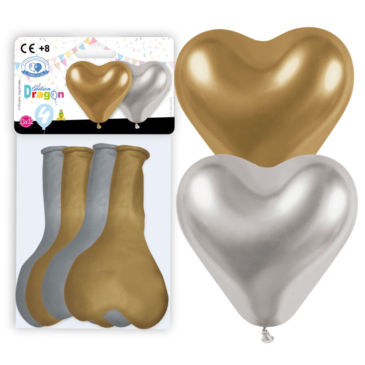 Globos corazón cromados oro y plata 28 cm - bolsa de 4