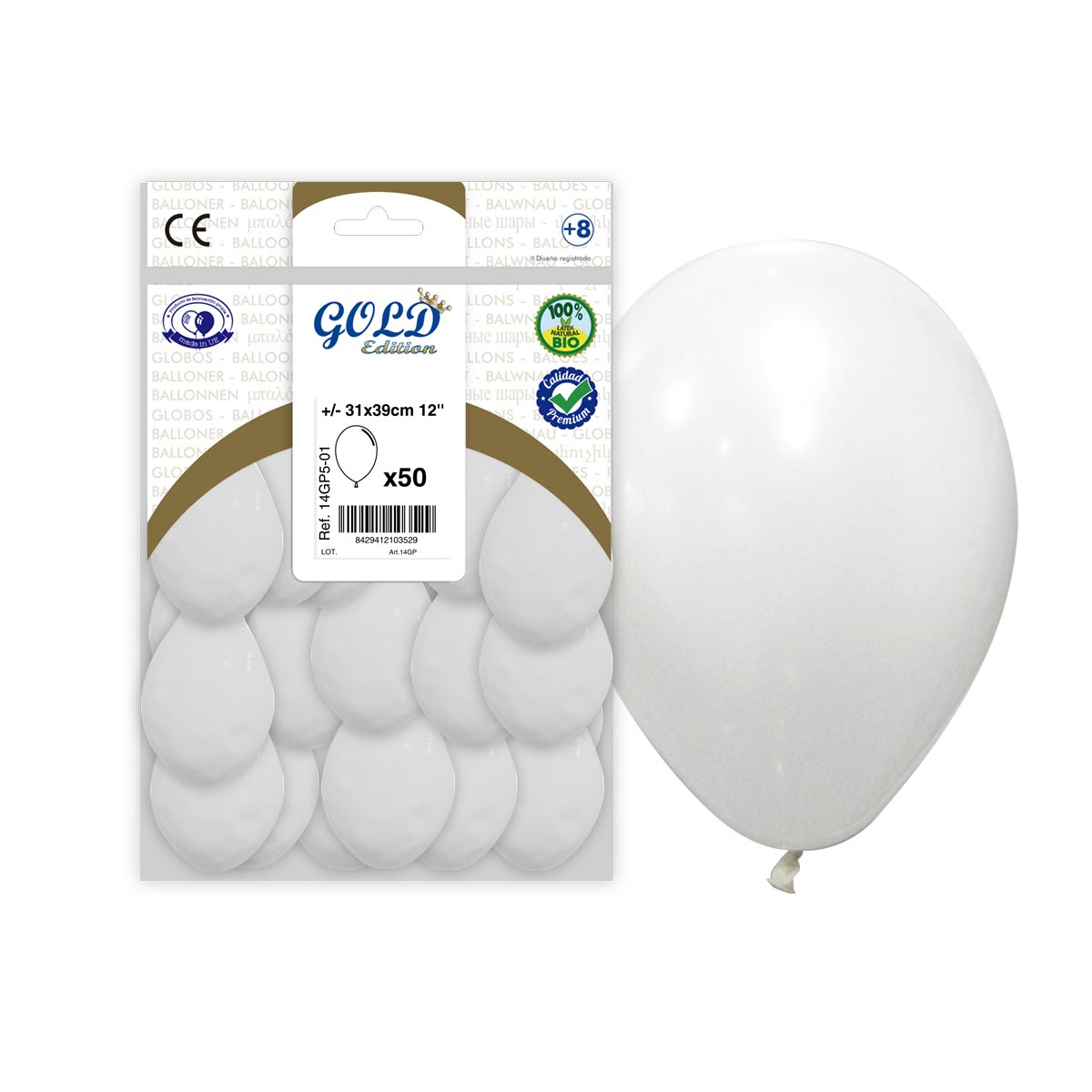 Globo Látex Liso Blanco Pastel Gold Edition 31x39 cm 12" - Bolsa 50