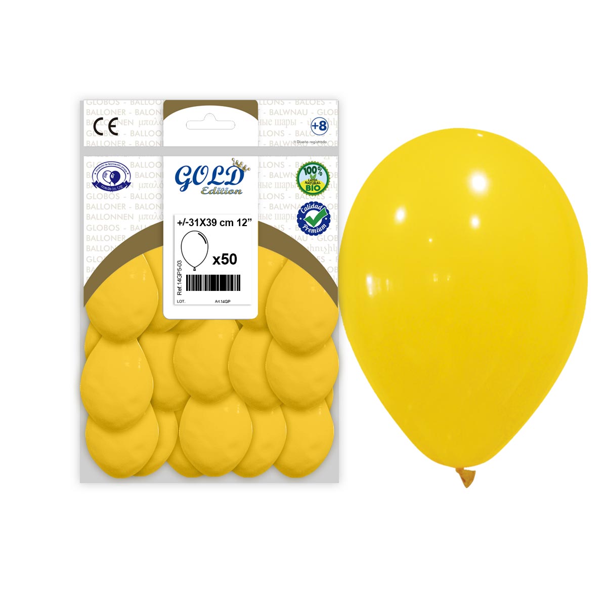 Globos de látex amarillo oscuro 12" Gold Edition - Bolsa 50