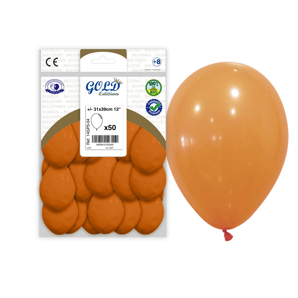 Globo látex naranja 12" liso Gold Edition – Bolsa 50