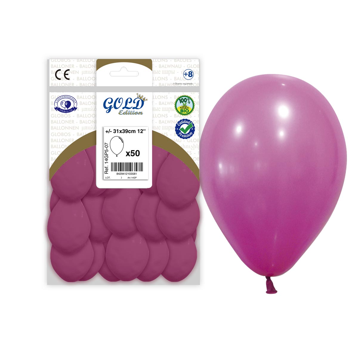 Globos de látex fucsia 31x39 cm 12" Gold Edition - Bolsa 50