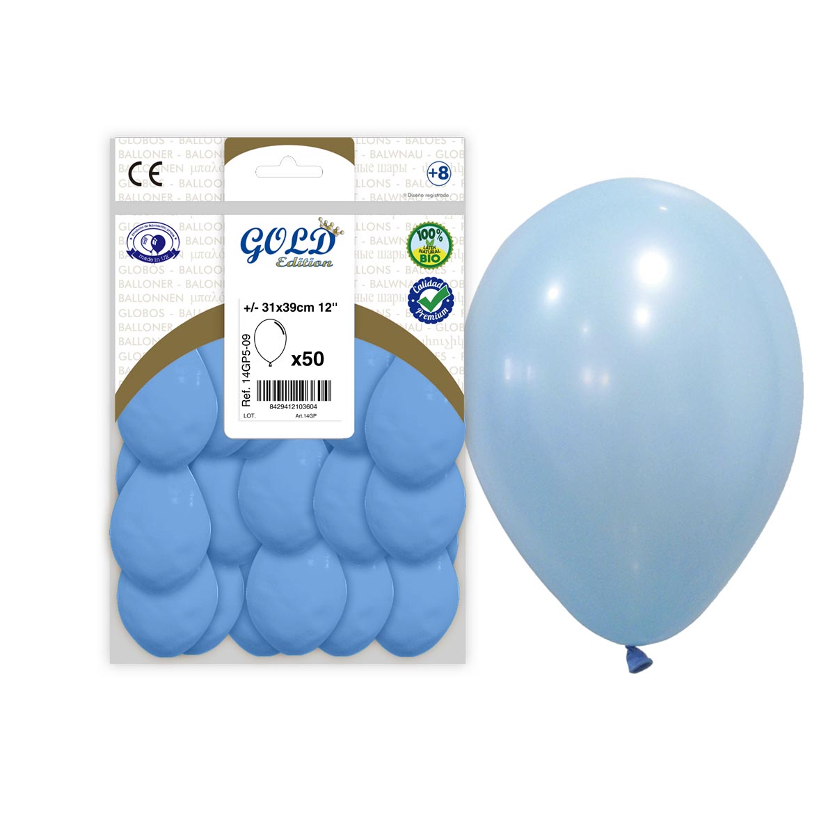 Globos Látex Celeste Pastel 12" (31x39 cm) - Bolsa 50 uds. Gold Edition