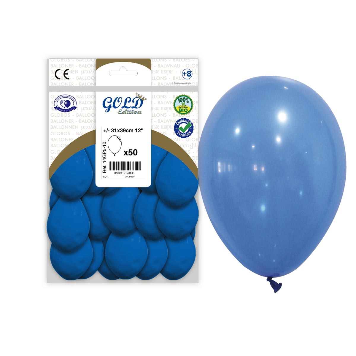 Globo de látex azul 12'' Gold Edition – Bolsa 50 unidades