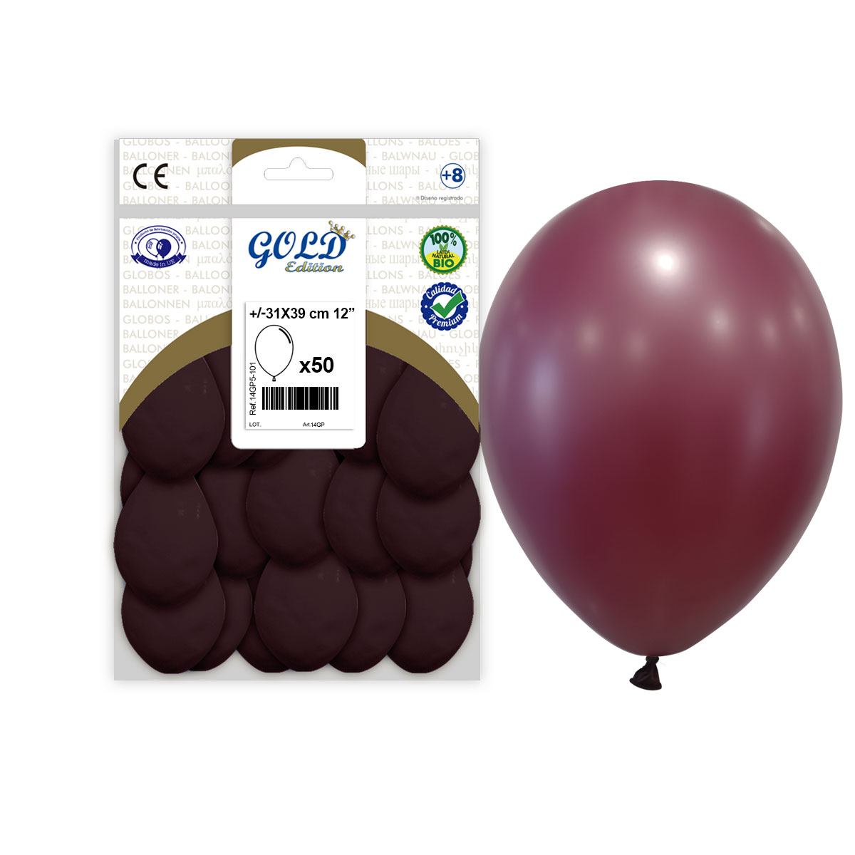 Globos de látex color vino 12" (31x39 cm) Gold Edition – Bolsa 50