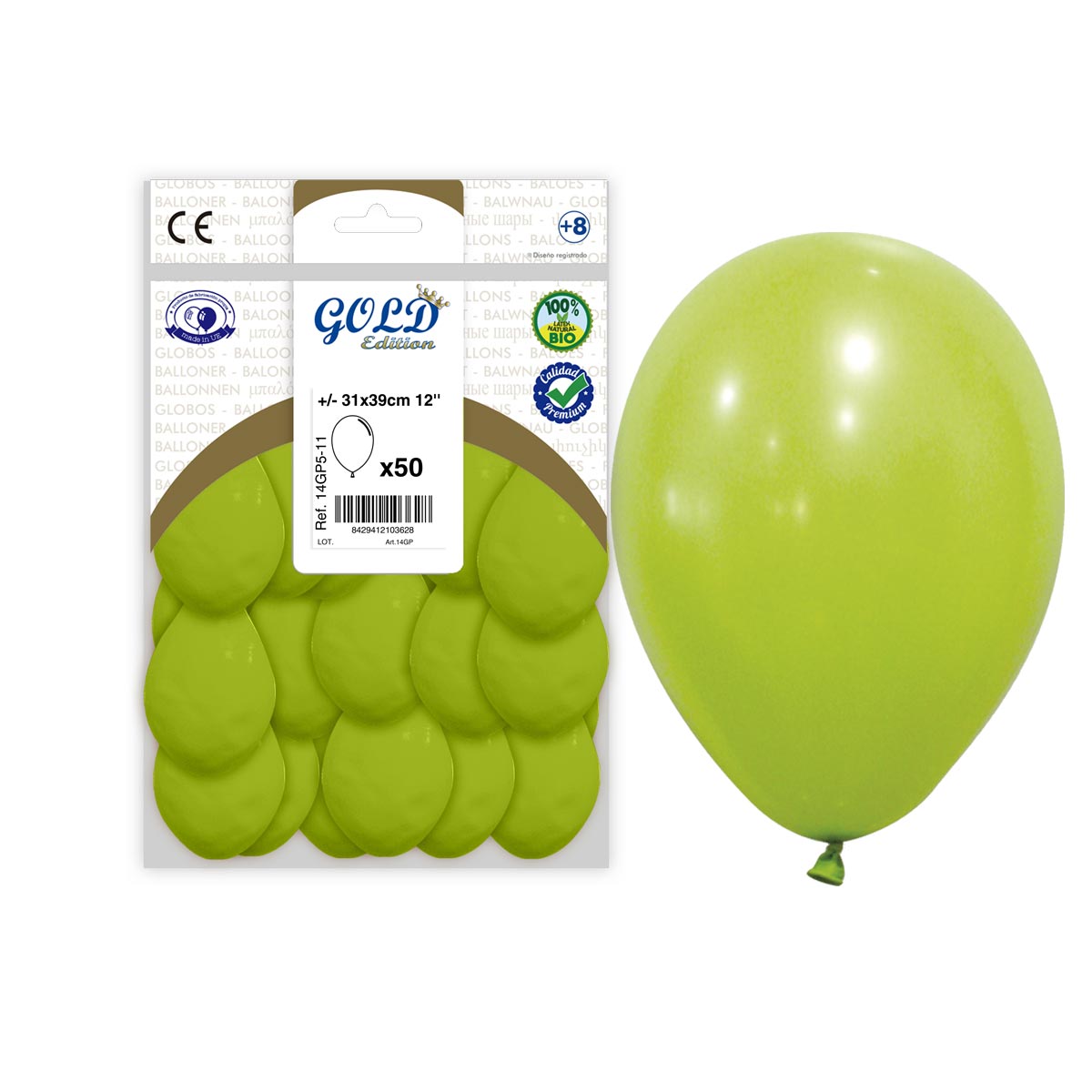 Globos Látex Verde Pistacho 12" Gold Edition - Bolsa 50