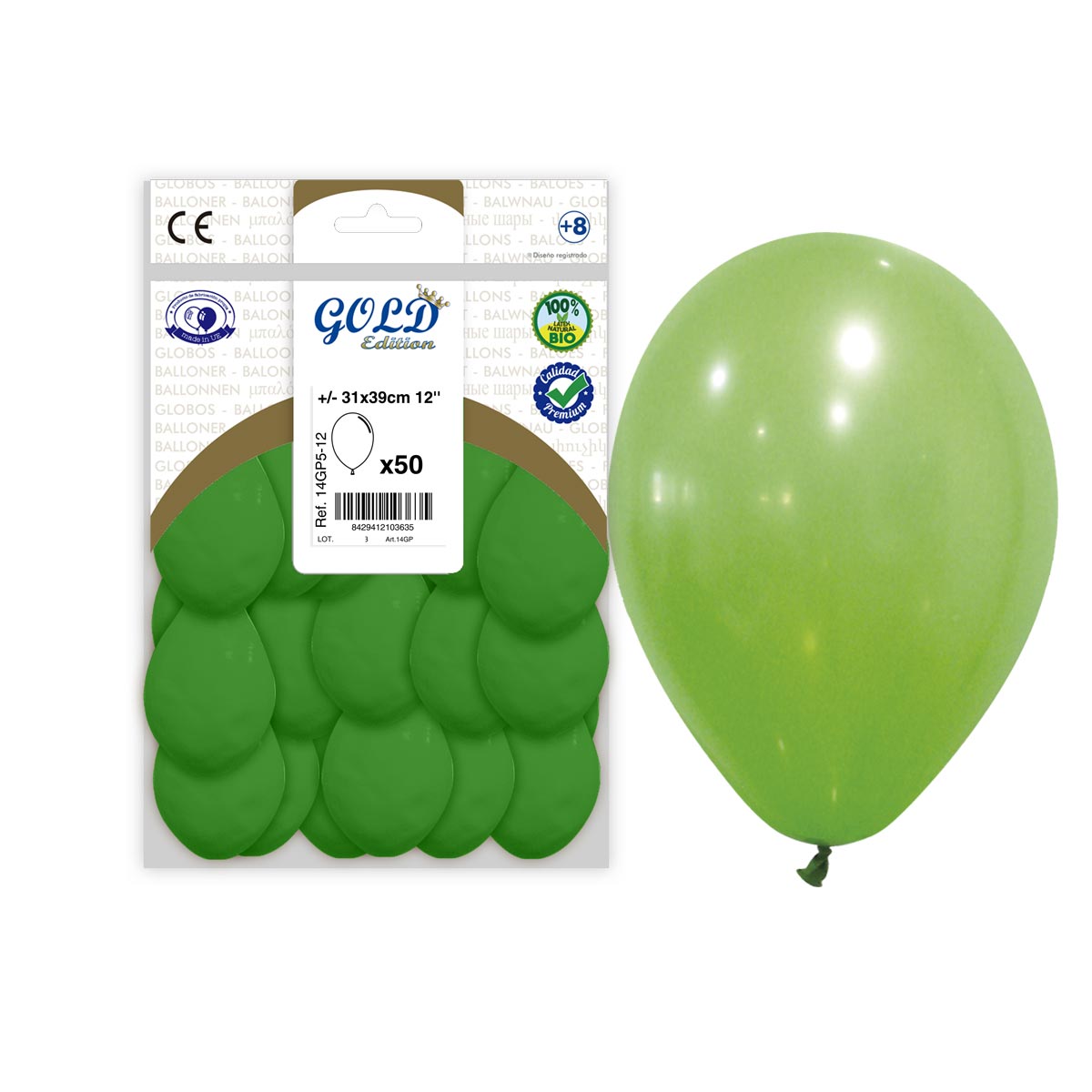 Globos Látex Verde 12" (31x39 cm) Gold Edition – Bolsa 50