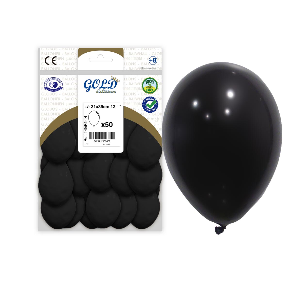 Globo de látex negro 31x39 cm 12" Gold Edition – Bolsa 50
