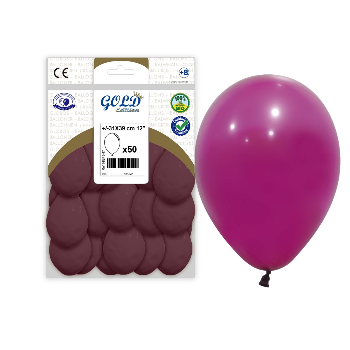 Globos Burdeos 12" (31x39 cm) Gold Edition – Bolsa 50