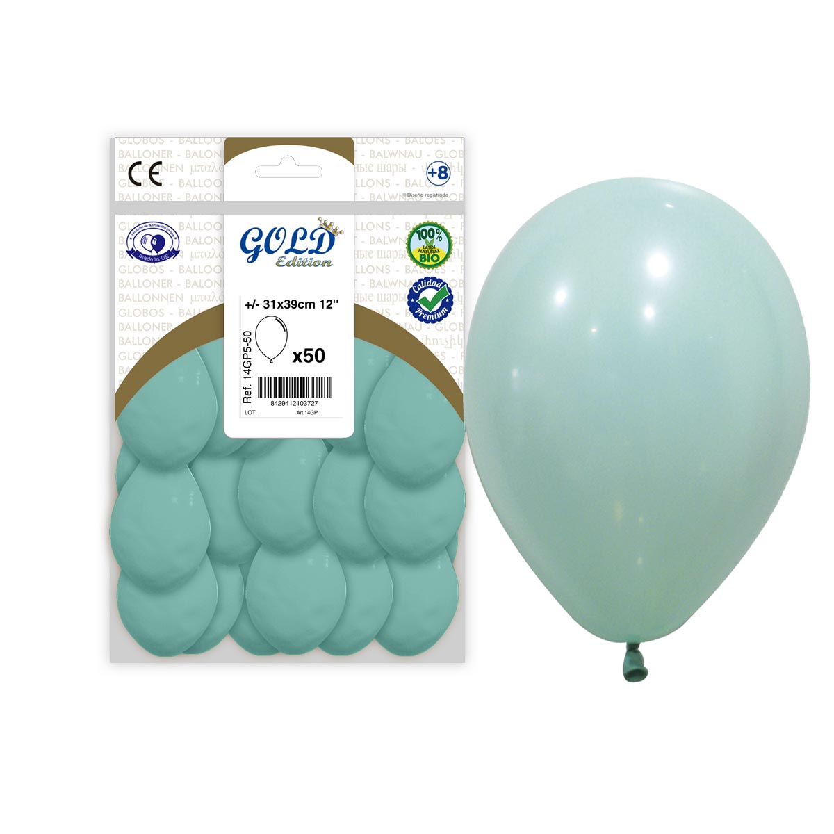 Globo látex 12" aguamarina pastel Gold Edition - Bolsa 50