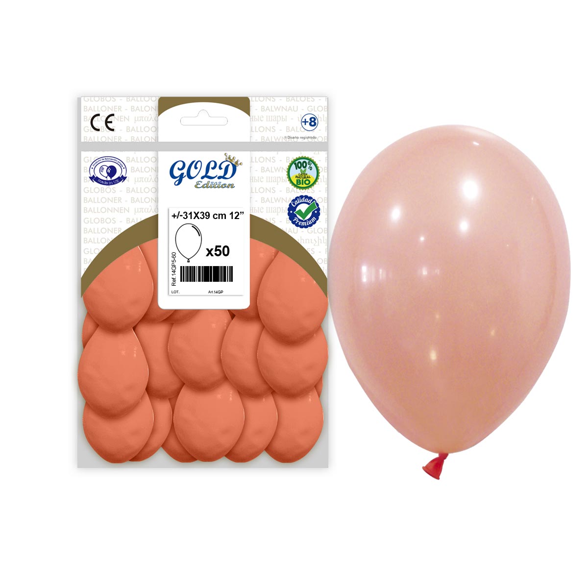 Globo látex Salmón 12" (±31x39 cm) Gold Edition · Bolsa 50