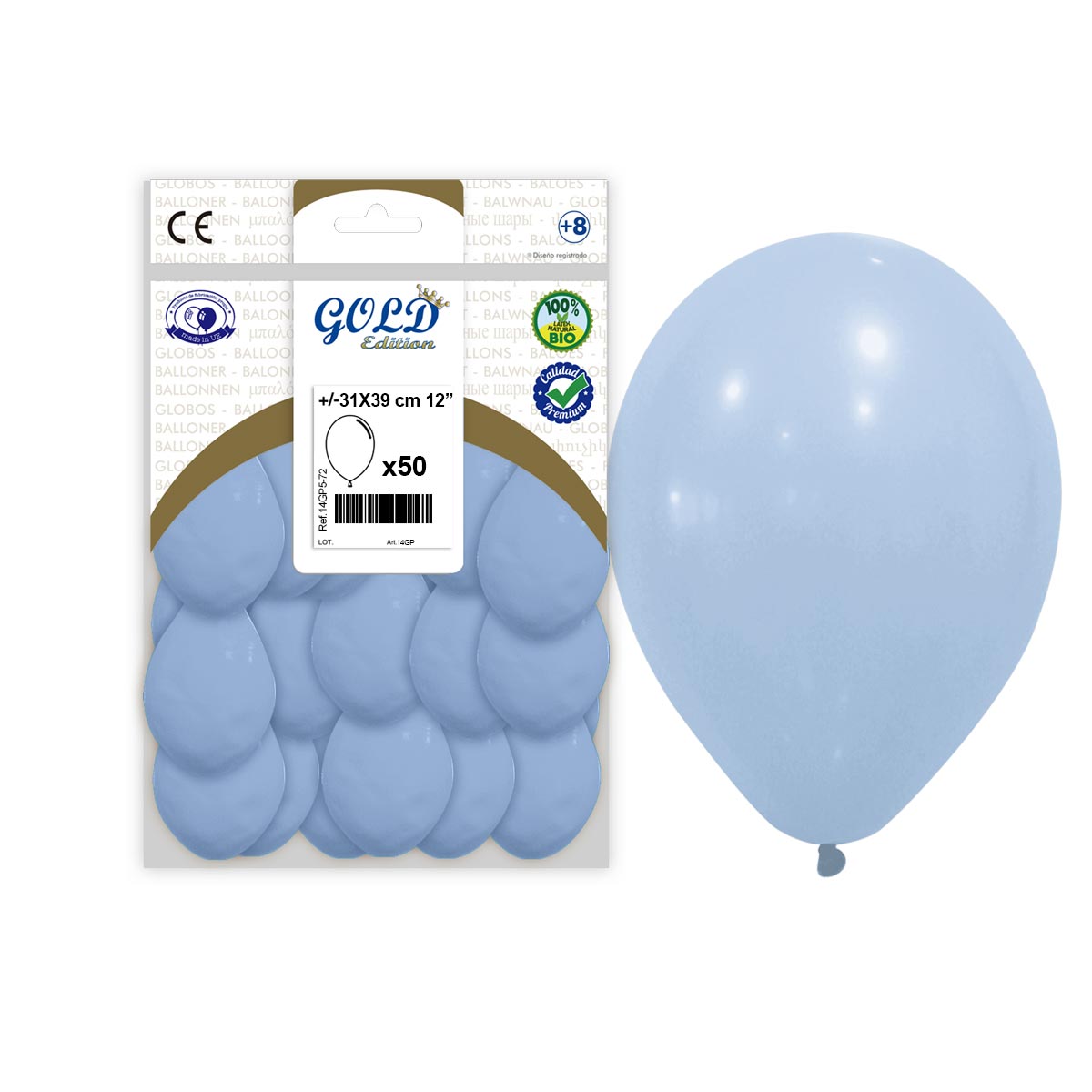 Globos de látex Azul Bebé Pastel Gold Edition 12" (31x39 cm) - Bolsa 50