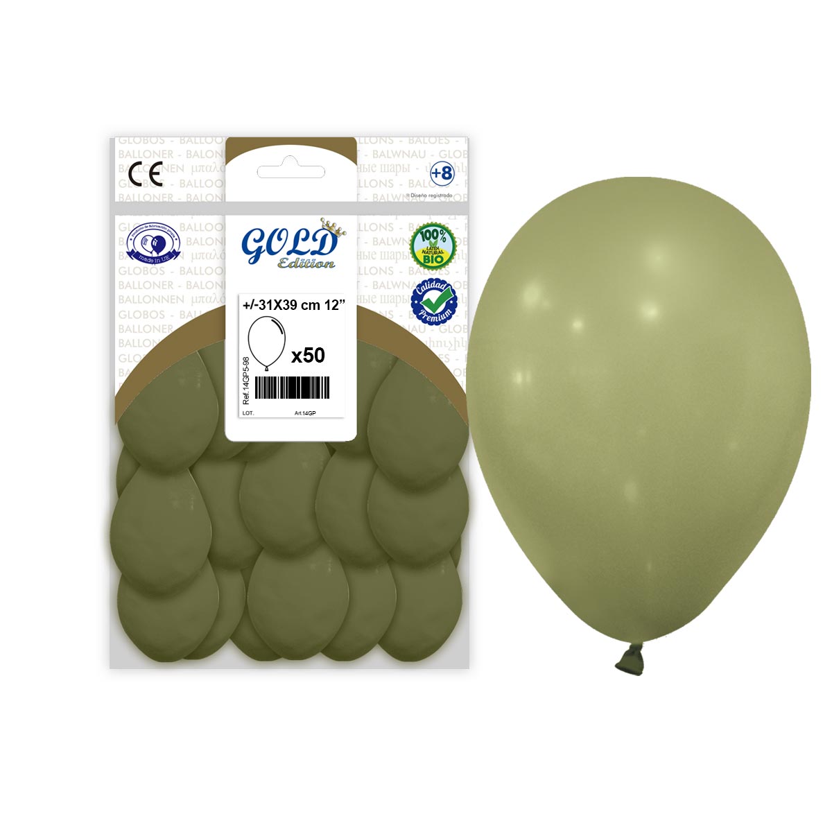 Globos látex 12" verde oliva pastel Gold Edition - Bolsa 50