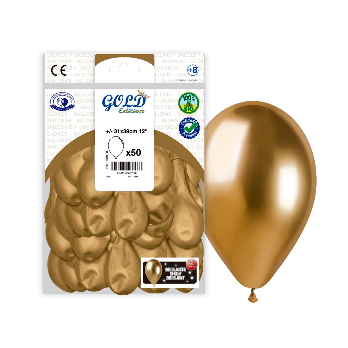 Globos látex espejo oro 31x39 cm (12") – Bolsa 50