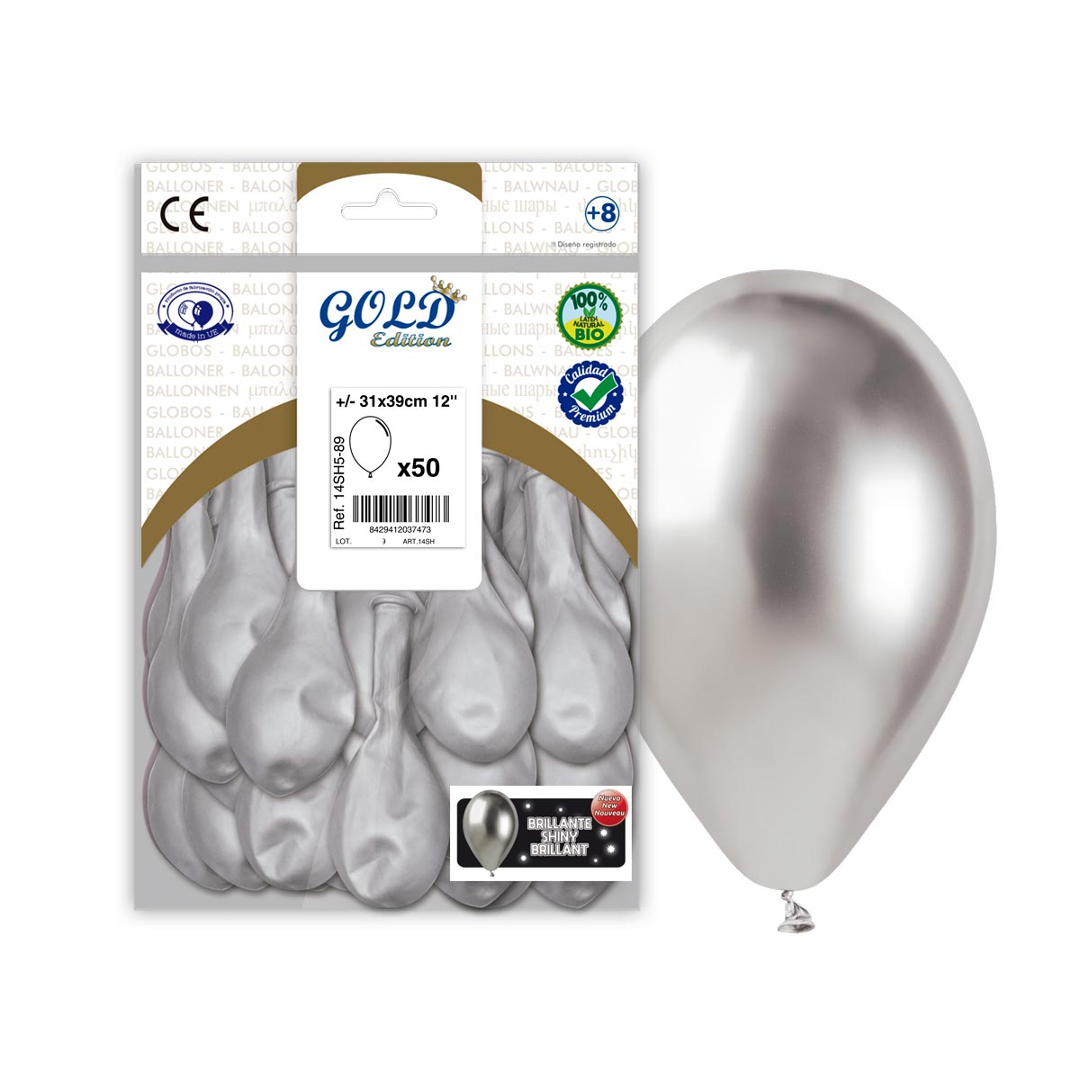 Globo látex efecto espejo plata 31x39 cm (12") - Bolsa 50 uds.