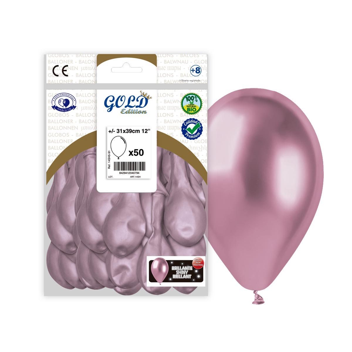 Globos Espejo Rosa Cromado 31 cm - Bolsa 50