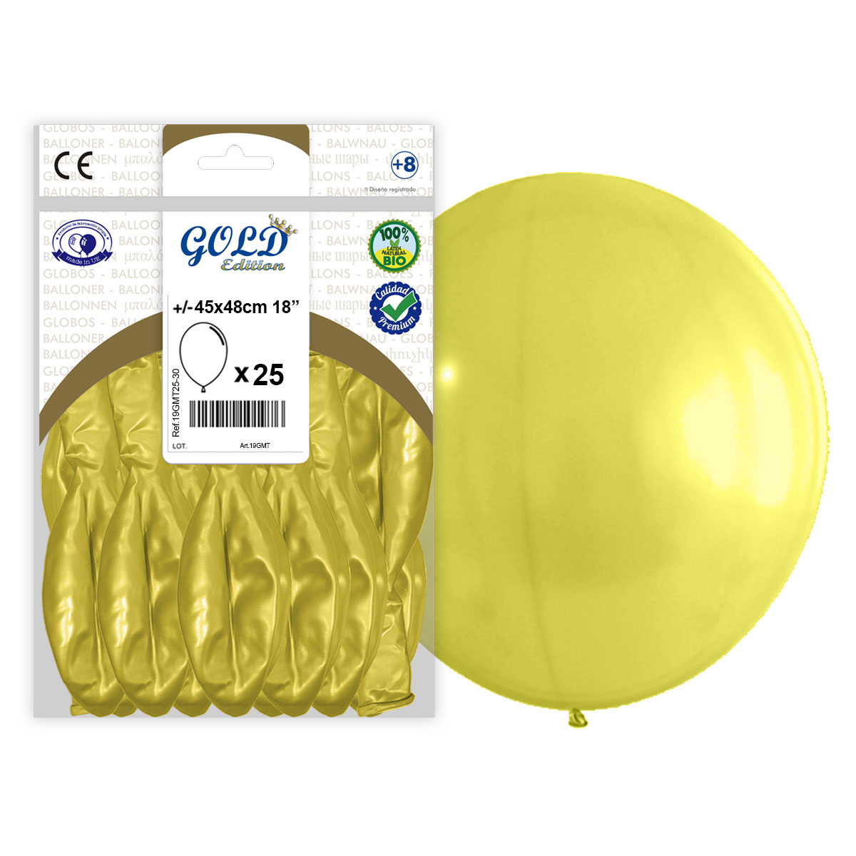 Globo látex metalizado amarillo 45x48 cm 18" Gold Edition - Bolsa 25 uds