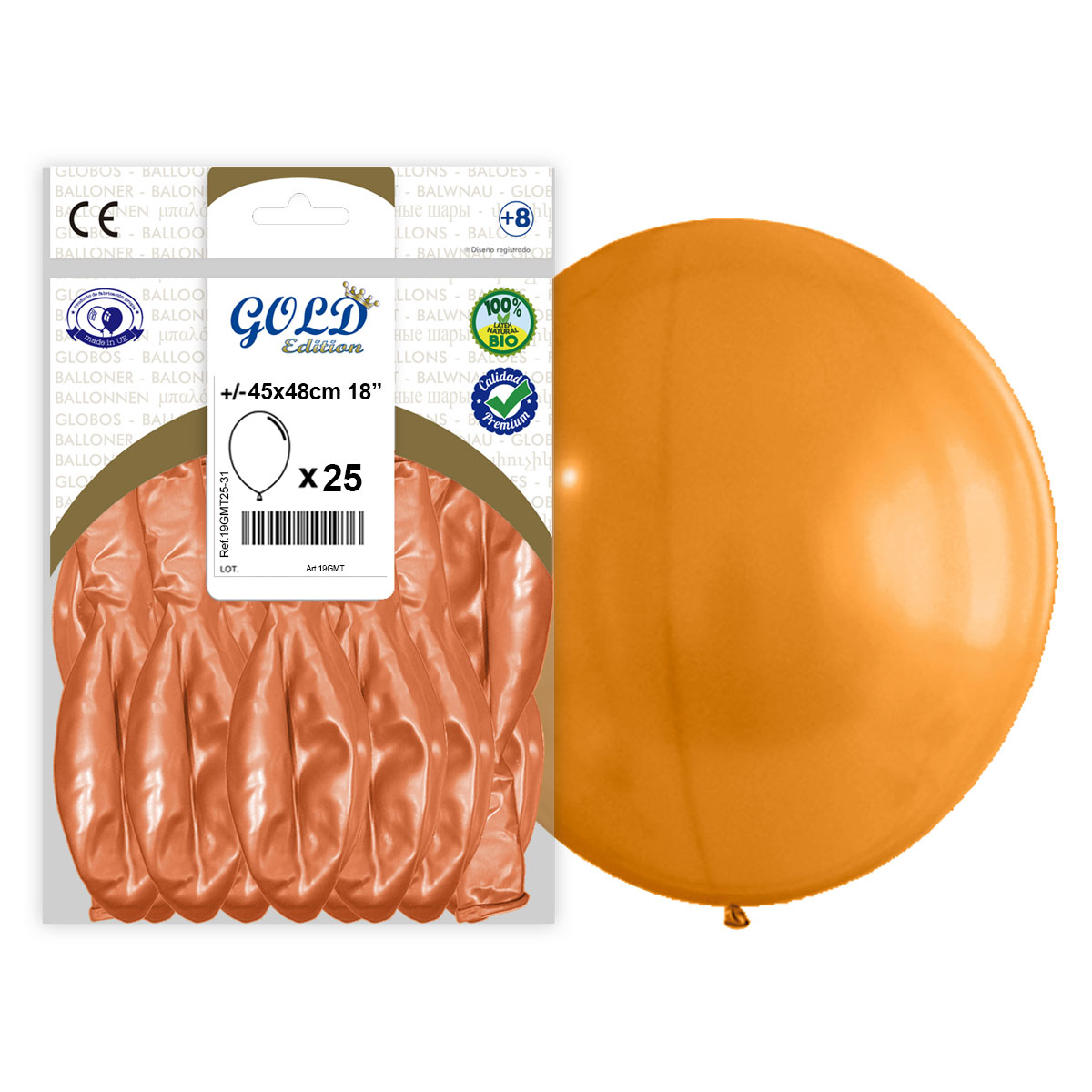 Globo Metalizado Naranja 45x48 cm 18" Gold Edition - Bolsa 25 uds