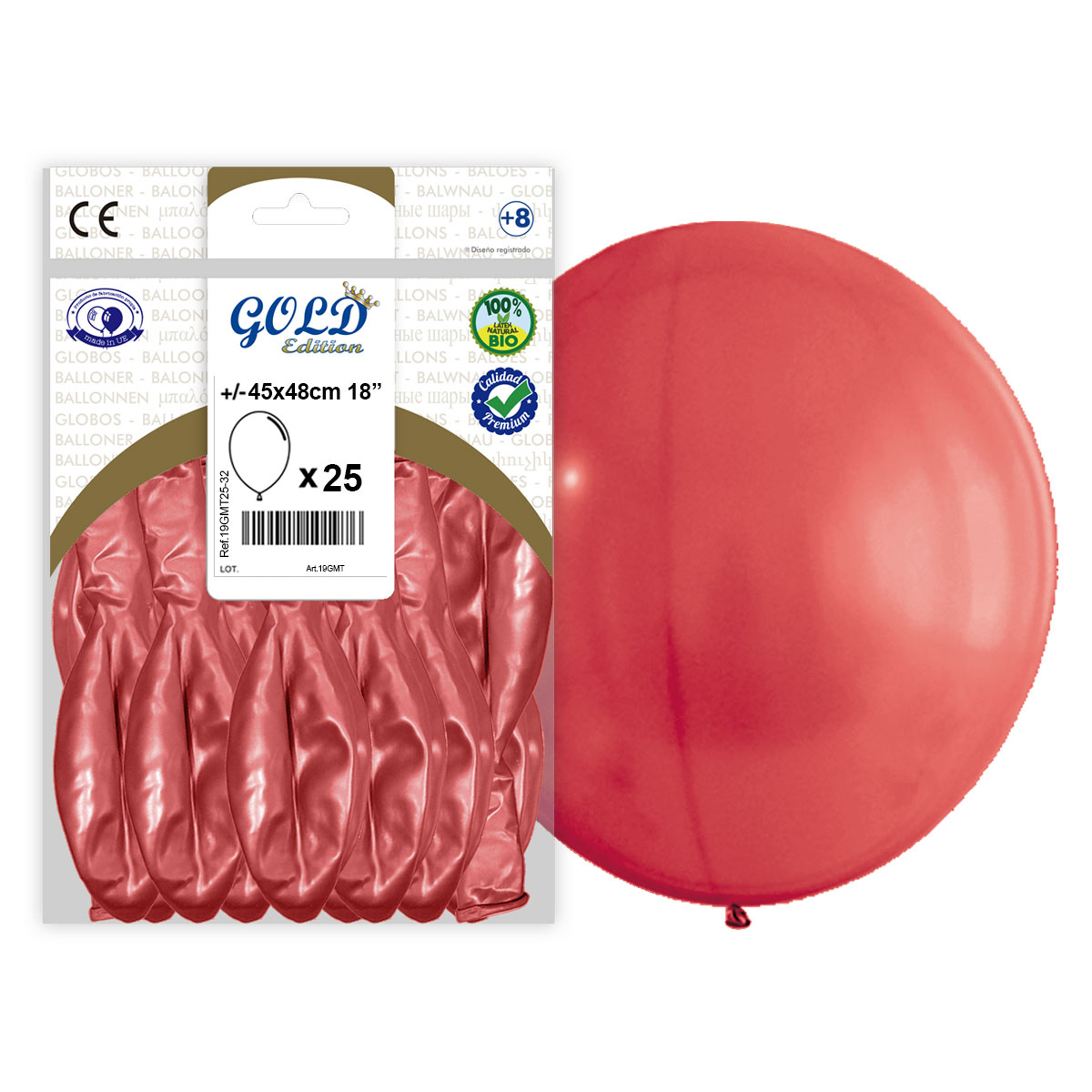 Globo látex rojo metalizado 45x48 cm 18” Gold Edition